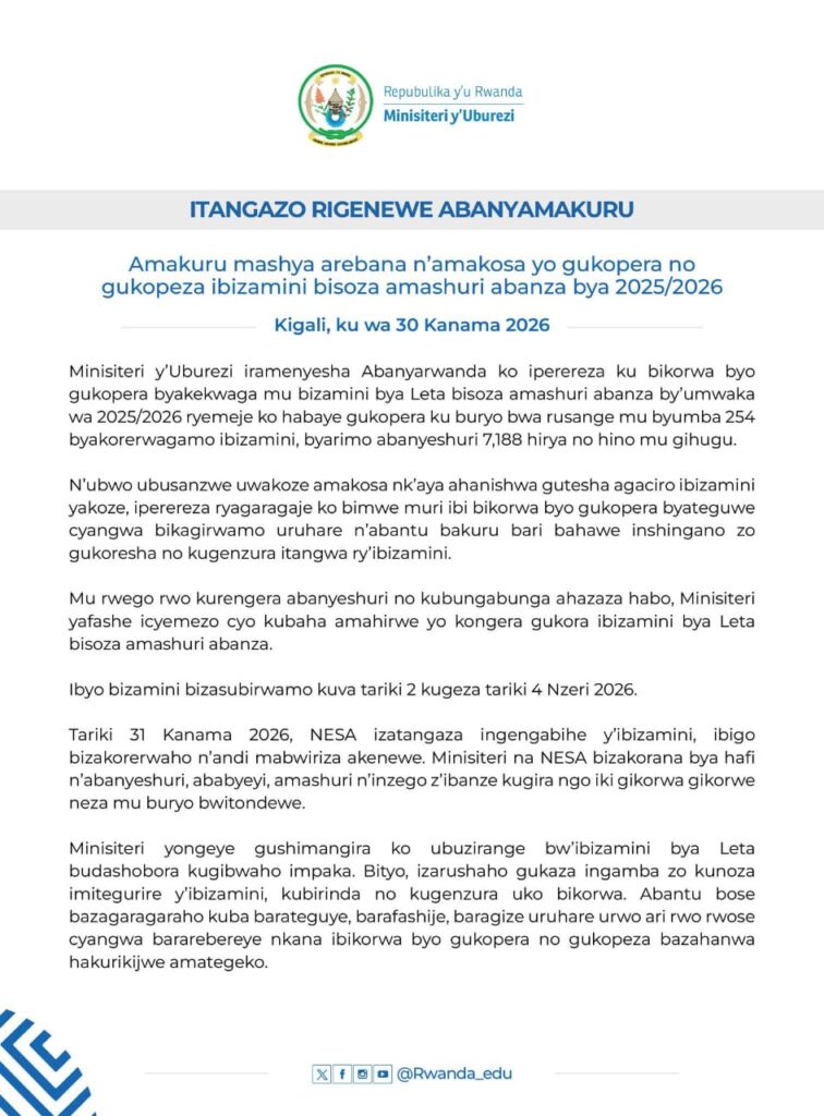 Abanyeshuri 71,188 Bazongera Gukora Ibizamini bya Leta